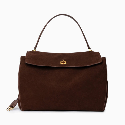 Damenhandtasche Dunkelbraunes Wildleder Goldfarbener Verschluss - Norvielle