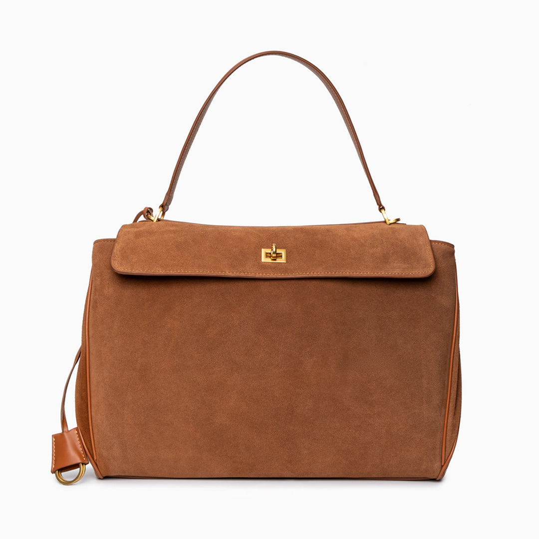 Damenhandtasche Dunkelbraunes Wildleder Goldfarbener Verschluss