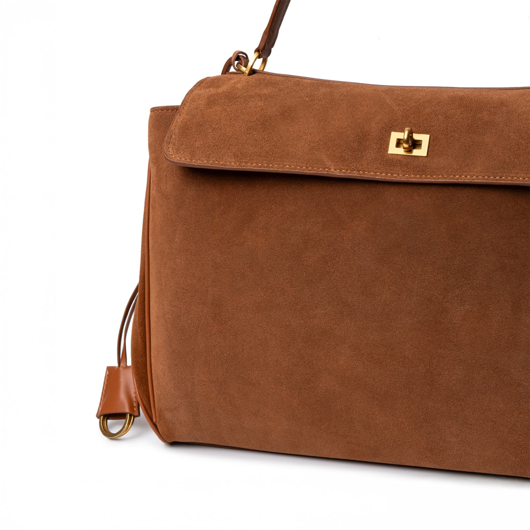 Damenhandtasche Dunkelbraunes Wildleder Goldfarbener Verschluss
