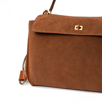 Damenhandtasche Dunkelbraunes Wildleder Goldfarbener Verschluss