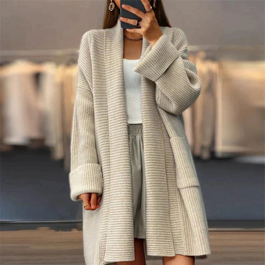 Damen Strickcardigan Lang mit Taschen