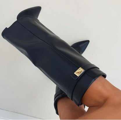 Damen Kniehohe Stiefel Spitze Zehen Gerader Schaft