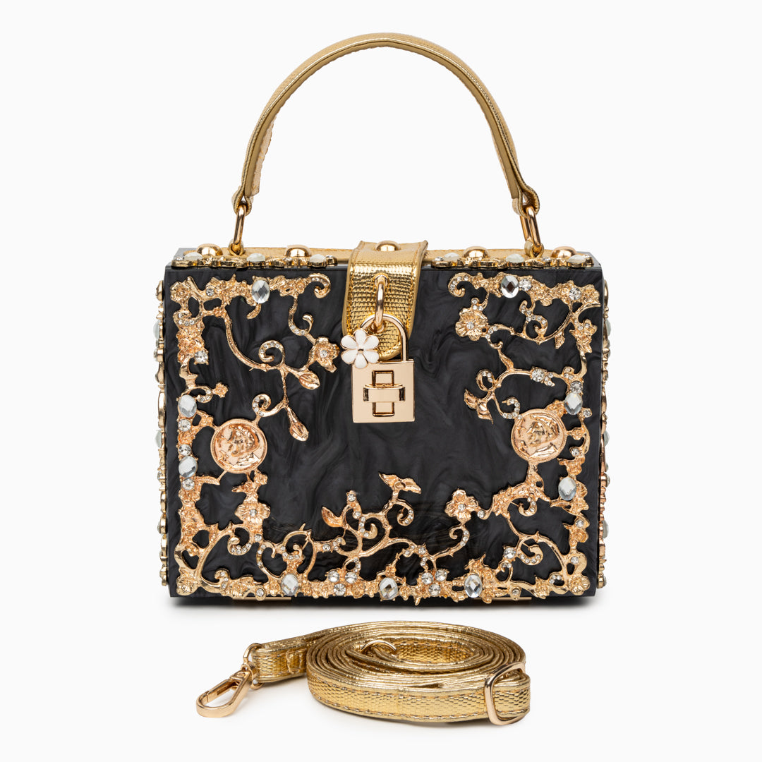 Himmelblaue Abendtasche Acryl mit Golddekor Barock