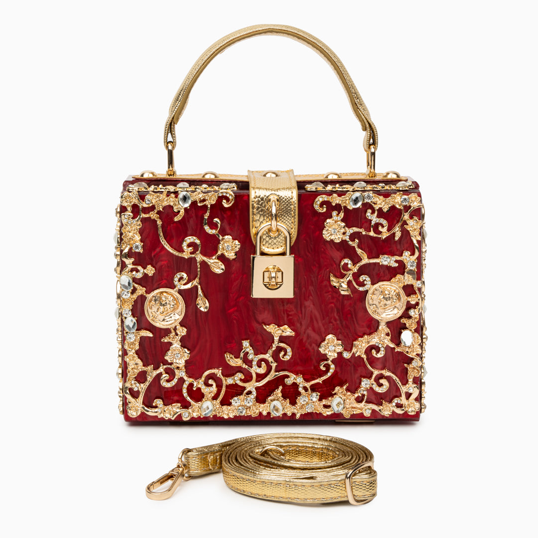 Himmelblaue Abendtasche Acryl mit Golddekor Barock
