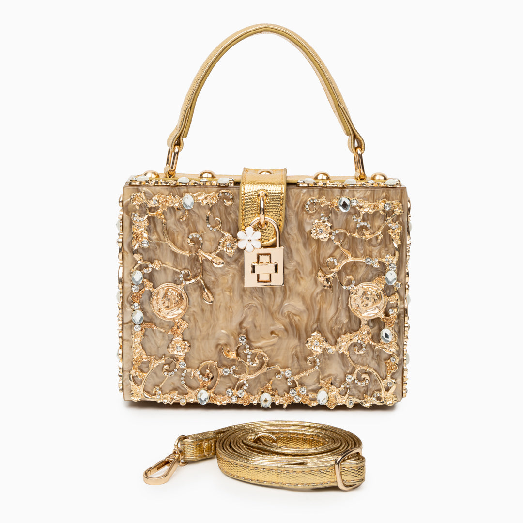 Himmelblaue Abendtasche Acryl mit Golddekor Barock