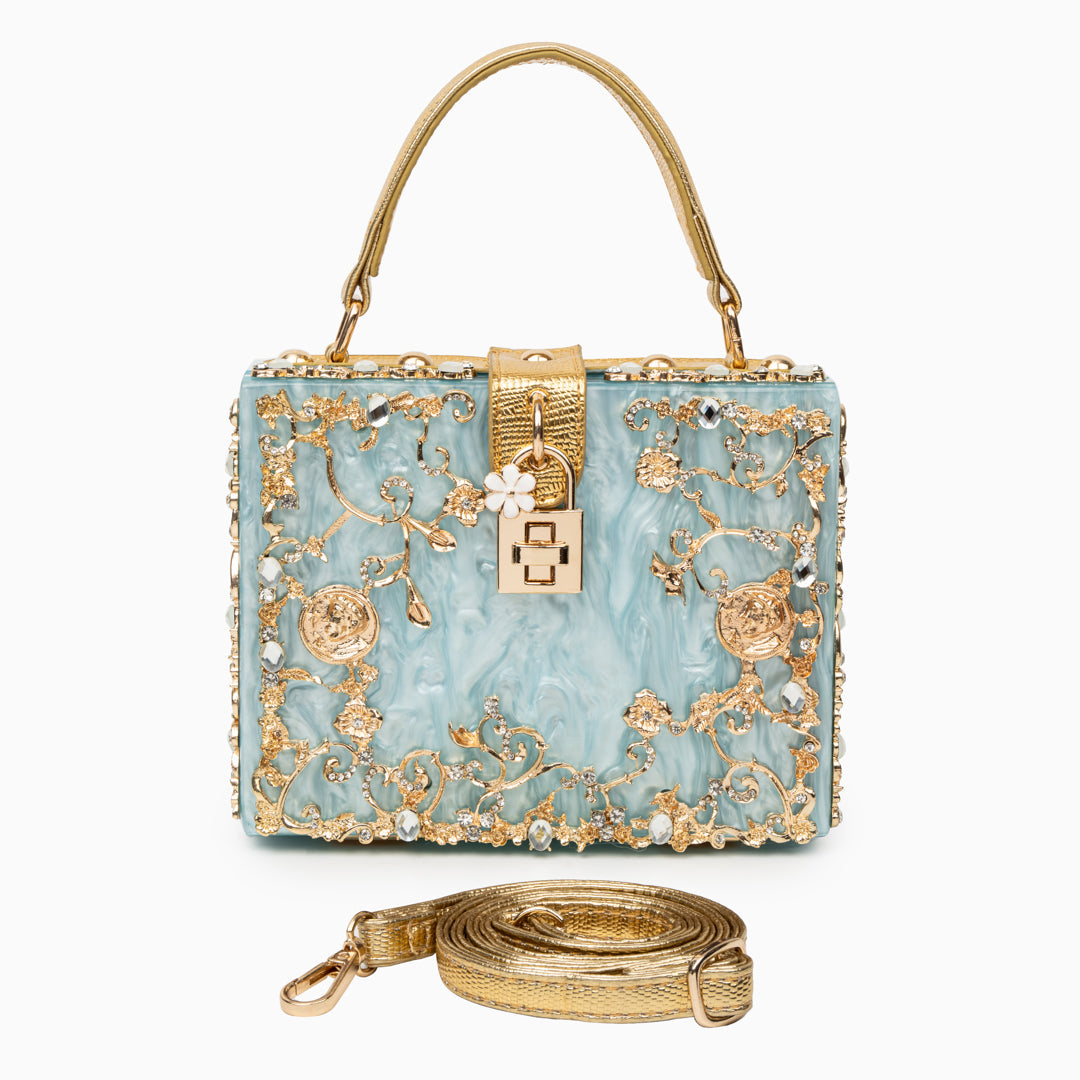 Himmelblaue Abendtasche Acryl mit Golddekor Barock