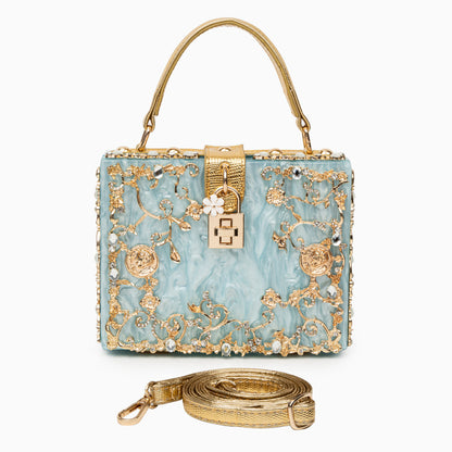 Himmelblaue Abendtasche Acryl mit Golddekor Barock