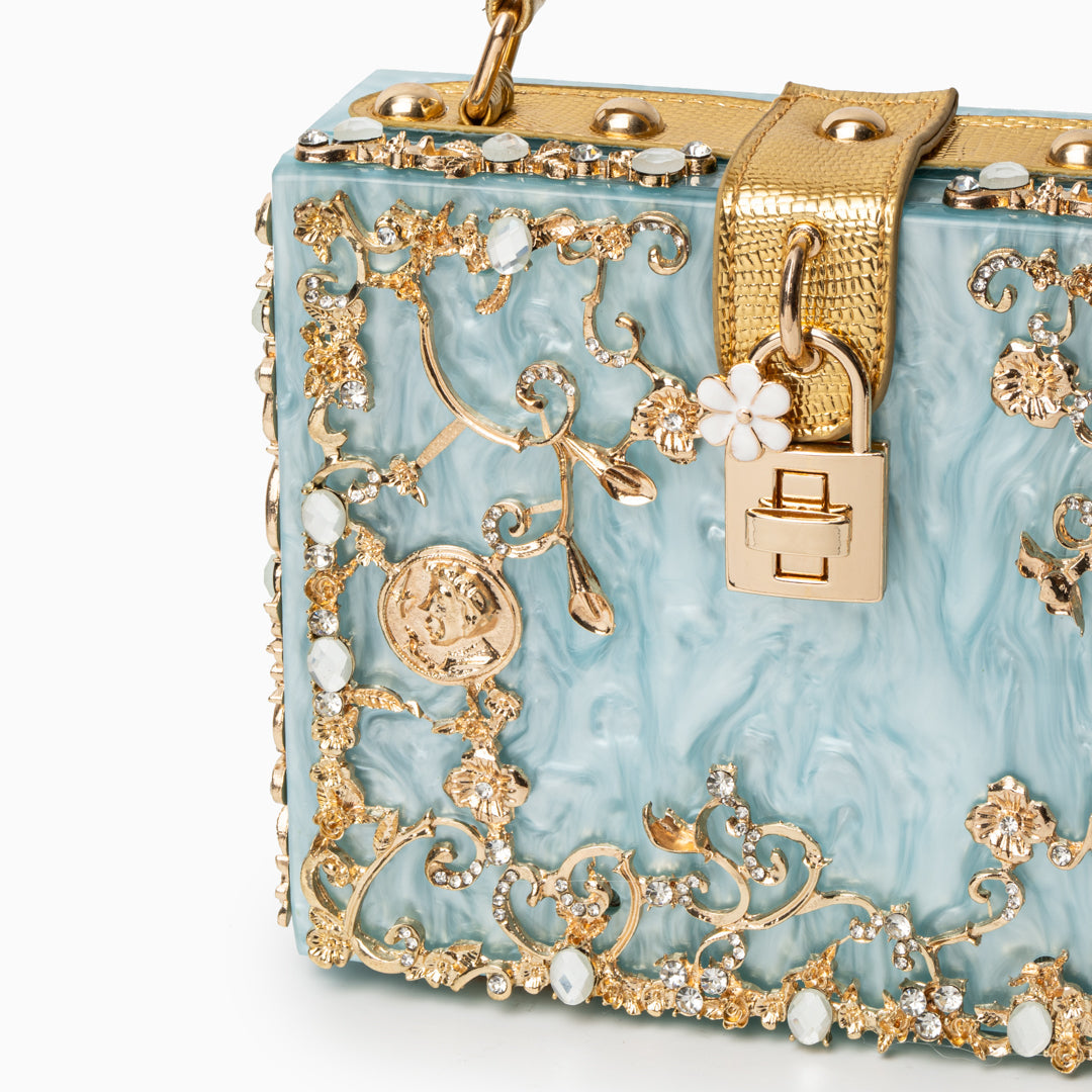 Himmelblaue Abendtasche Acryl mit Golddekor Barock