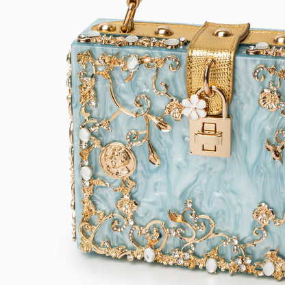 Himmelblaue Abendtasche Acryl mit Golddekor Barock