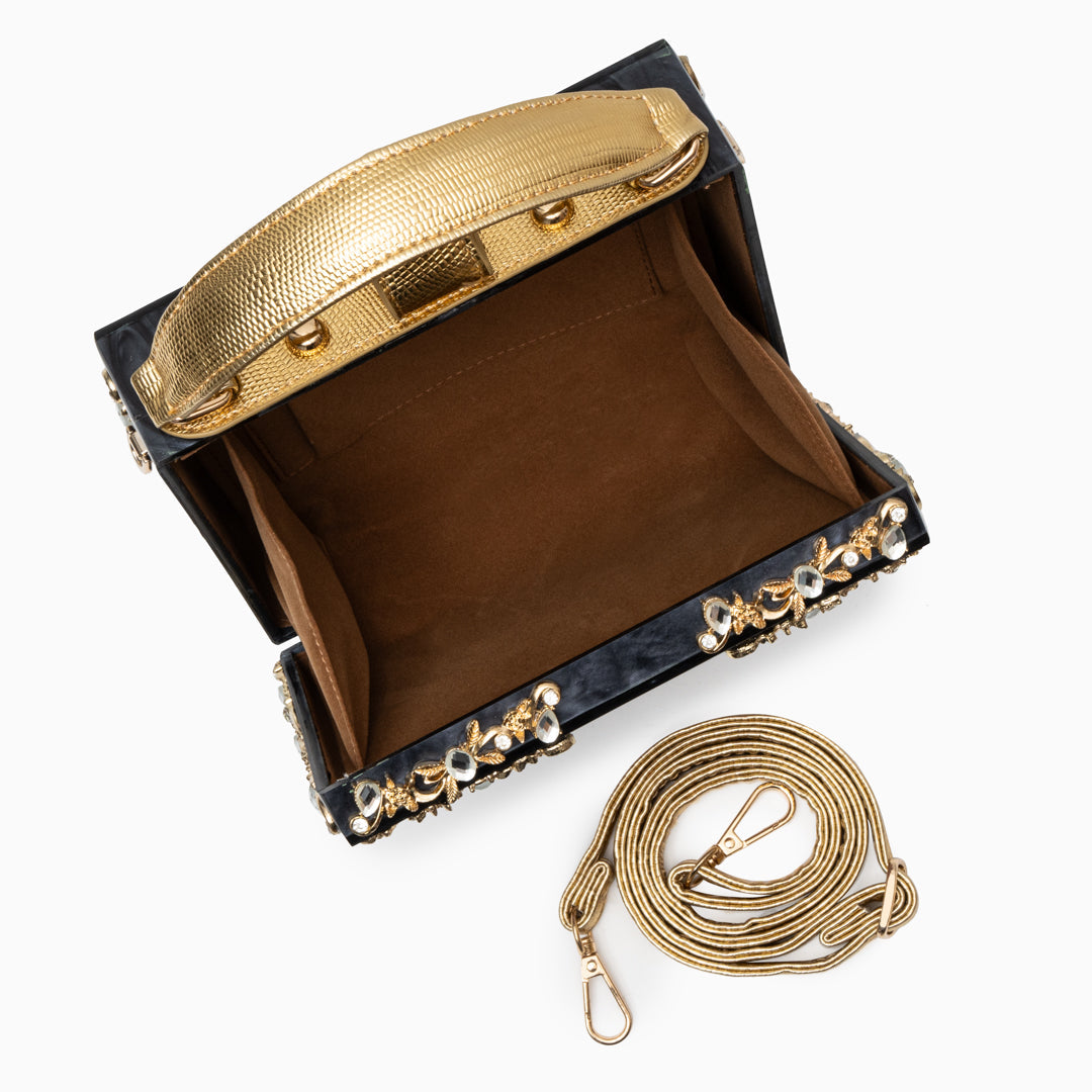 Himmelblaue Abendtasche Acryl mit Golddekor Barock