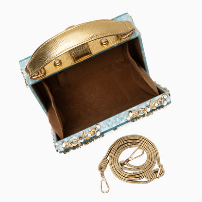 Himmelblaue Abendtasche Acryl mit Golddekor Barock