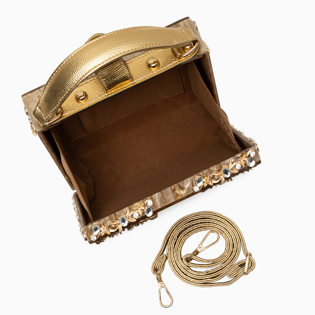Himmelblaue Abendtasche Acryl mit Golddekor Barock