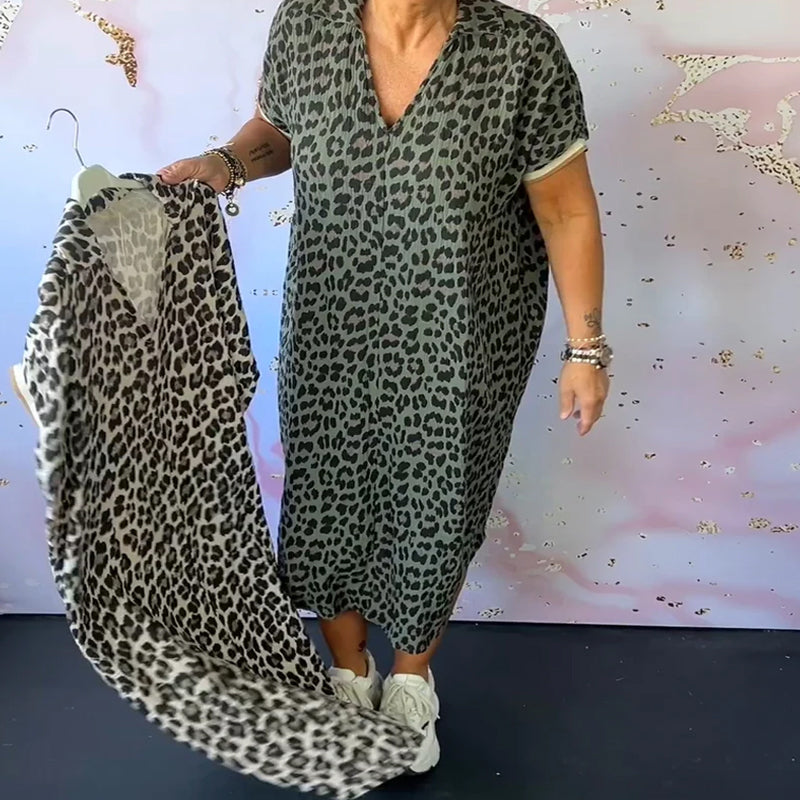Damen Kleid V-Ausschnitt Leopardenmuster - Norvielle