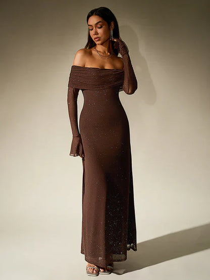 Schulterfreies Abendkleid Braun Glitzer - Norvielle
