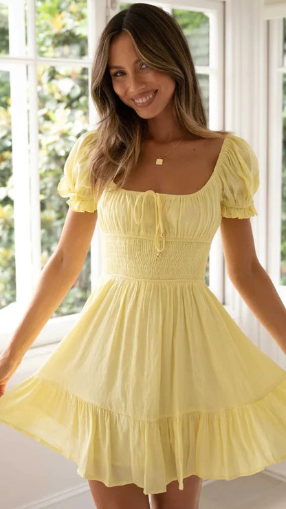 Damen Sommerkleid Puffärmel Rüschenrock
