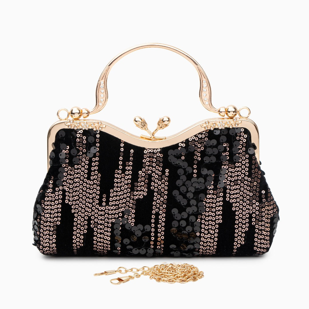Damen Clutch Navyblau Samt Gold Pailletten