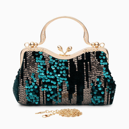 Damen Clutch Navyblau Samt Gold Pailletten