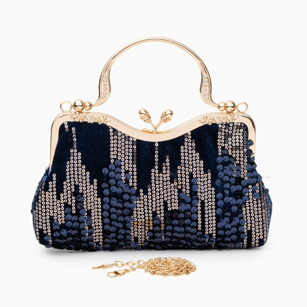 Damen Clutch Navyblau Samt Gold Pailletten