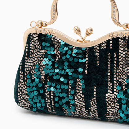 Damen Clutch Navyblau Samt Gold Pailletten
