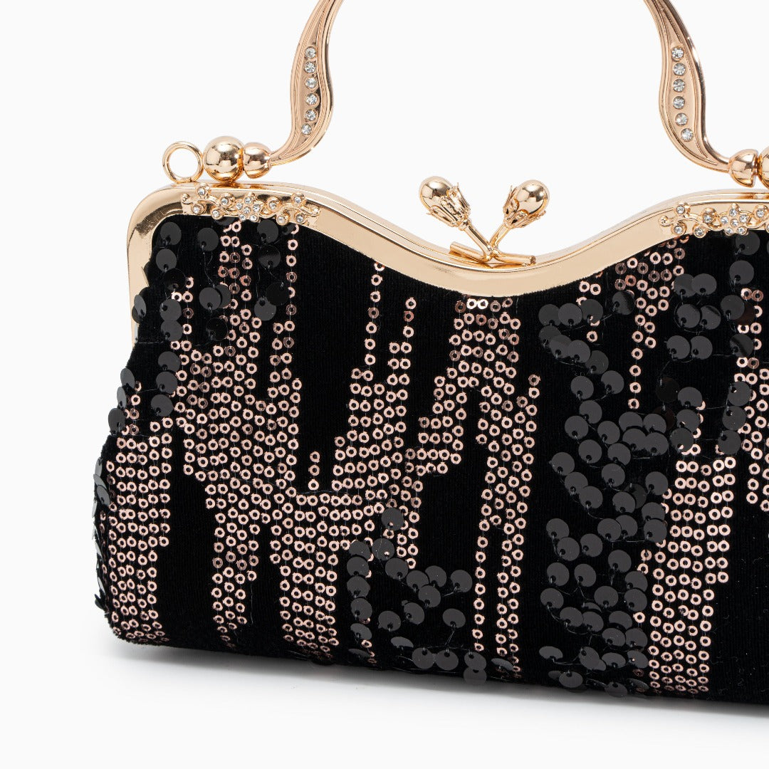 Damen Clutch Navyblau Samt Gold Pailletten