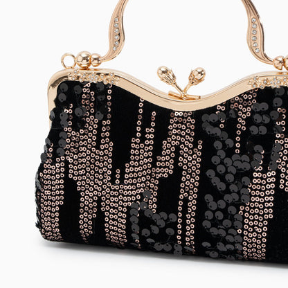 Damen Clutch Navyblau Samt Gold Pailletten