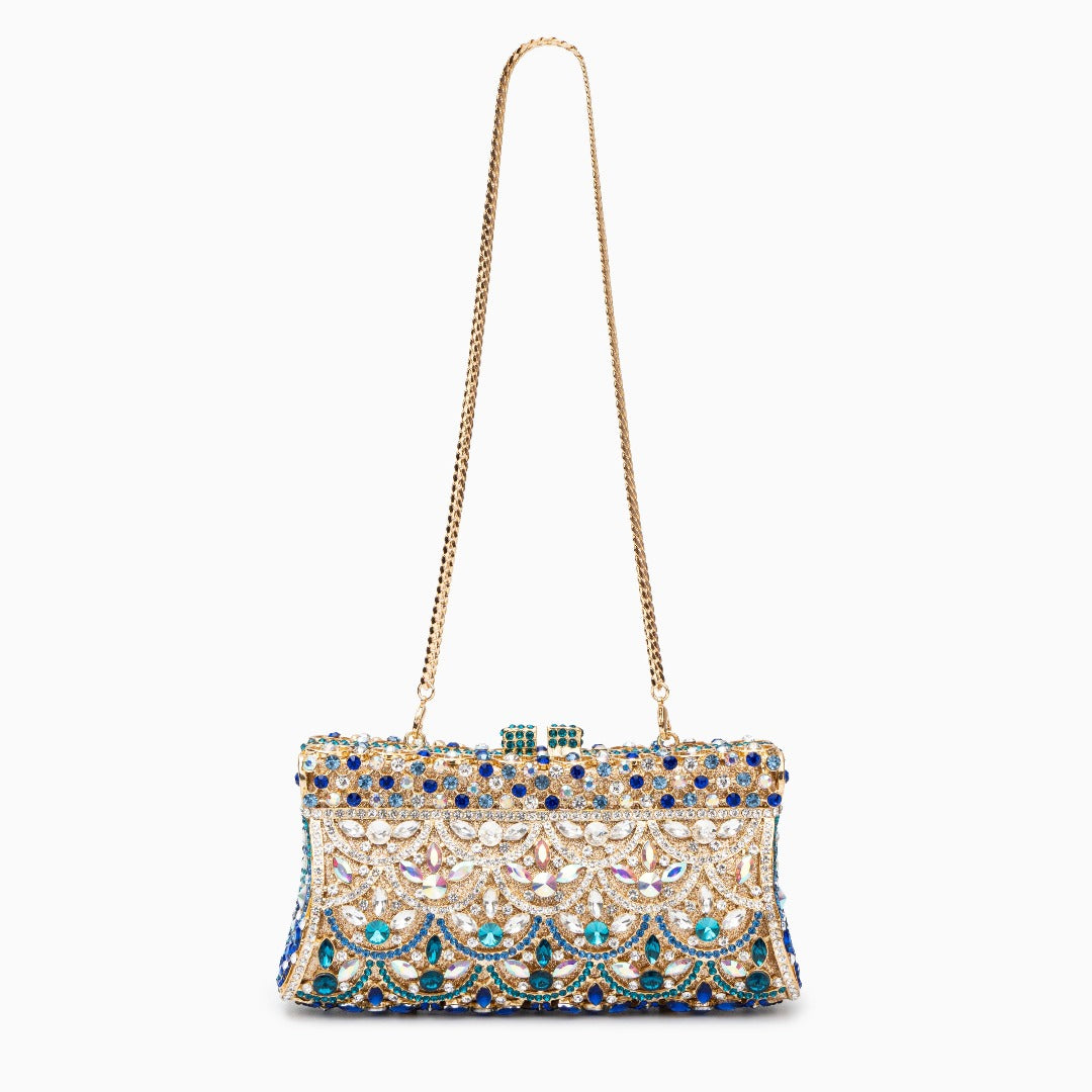 Damen Clutch Gold- Kristallverziert Strass Ornamentmuster