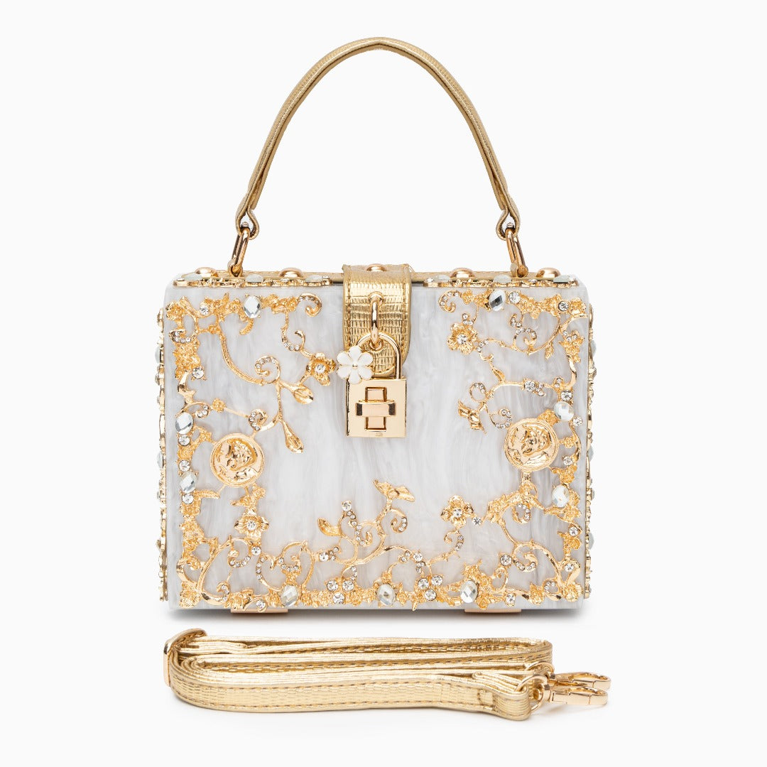 Himmelblaue Abendtasche Acryl mit Golddekor Barock