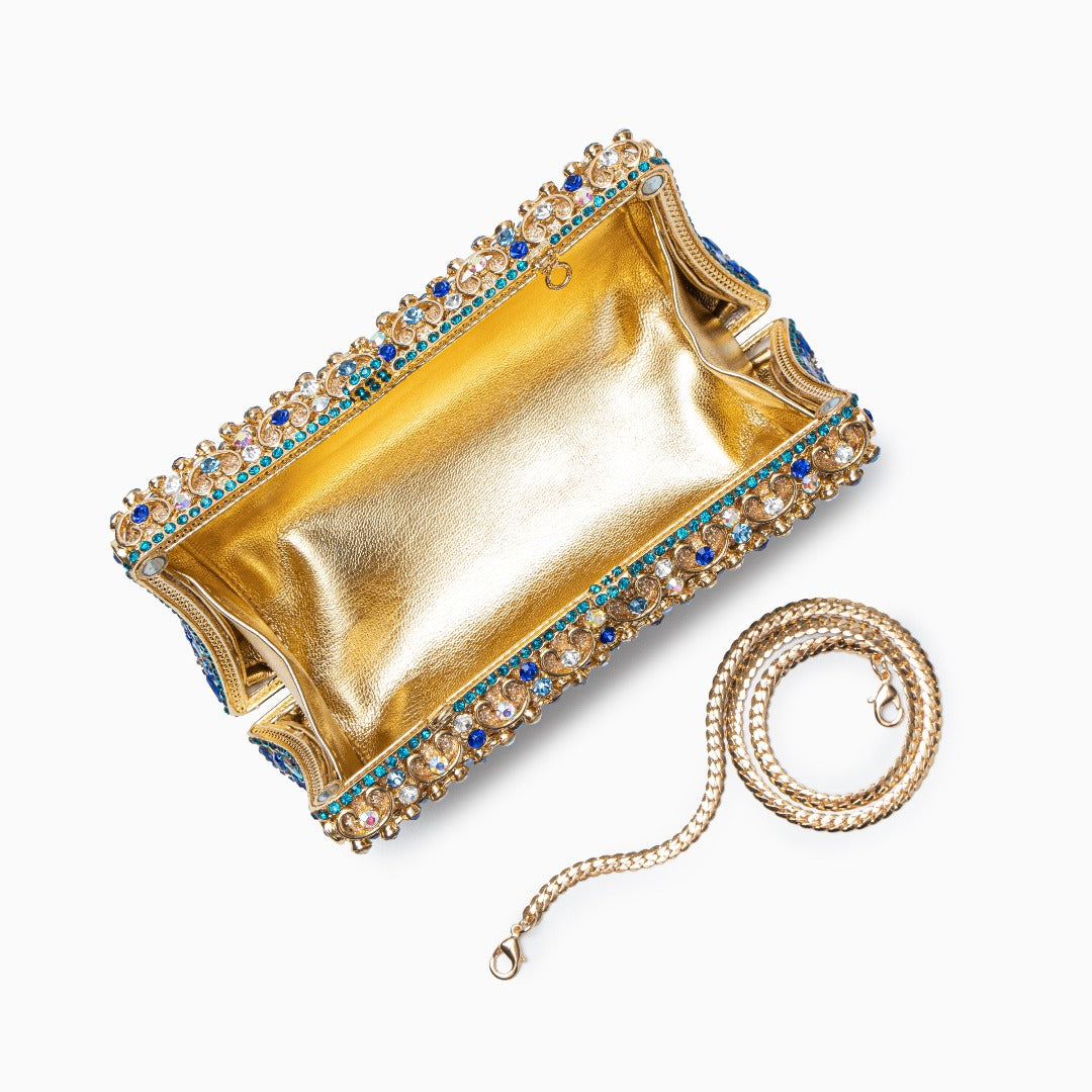 Damen Clutch Gold- Kristallverziert Strass Ornamentmuster