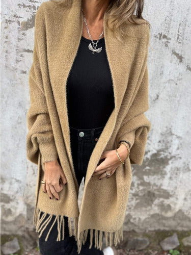 Damen Strickjacke Fransen Schal Elegantes Design