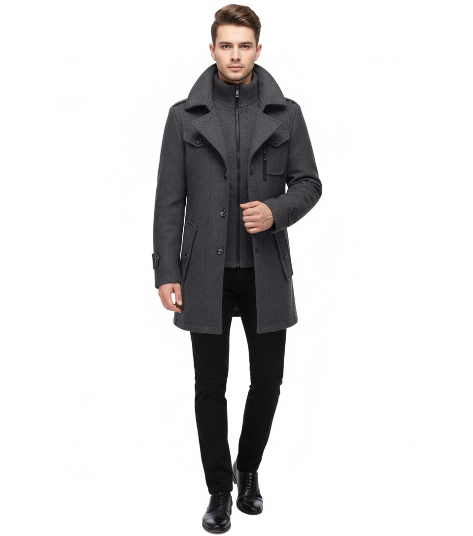 Herren Trenchcoat Wollmantel Doppelkragen Schwarz - Norvielle