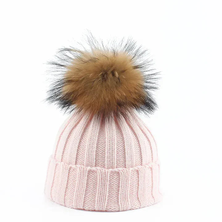 Damen Strickmütze Bommel Weich Innenfutter Warm Beige