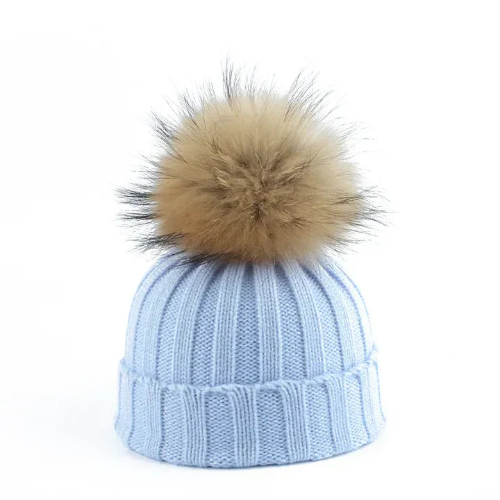 Damen Strickmütze Bommel Weich Innenfutter Warm Beige