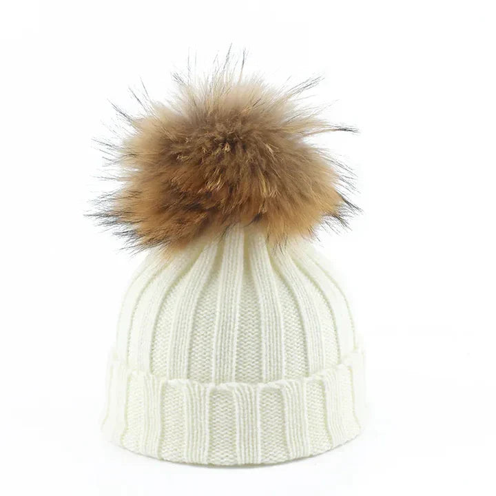 Damen Strickmütze Bommel Weich Innenfutter Warm Beige