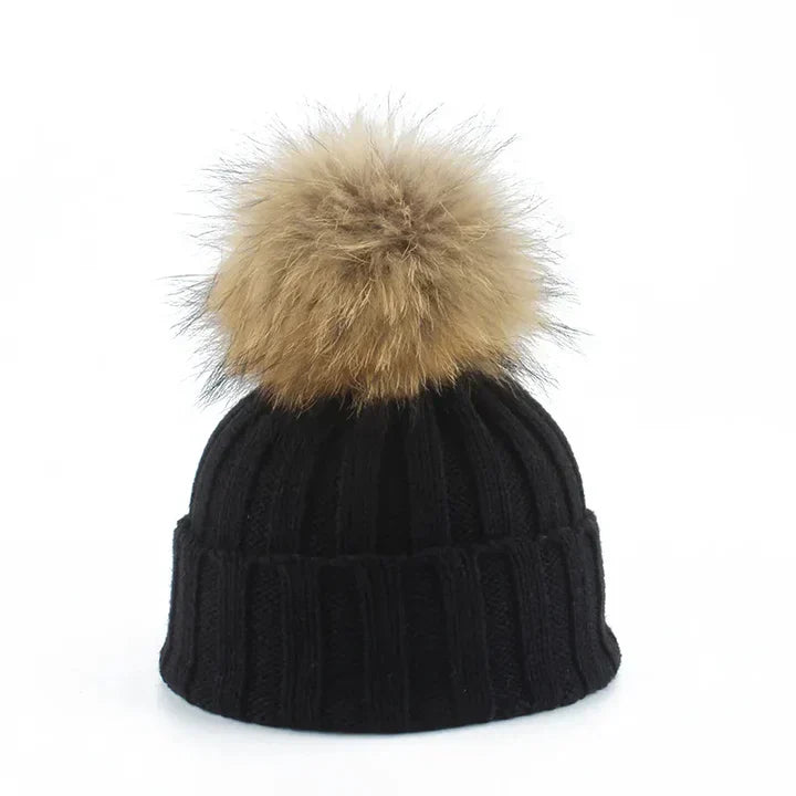 Damen Strickmütze Bommel Weich Innenfutter Warm Beige