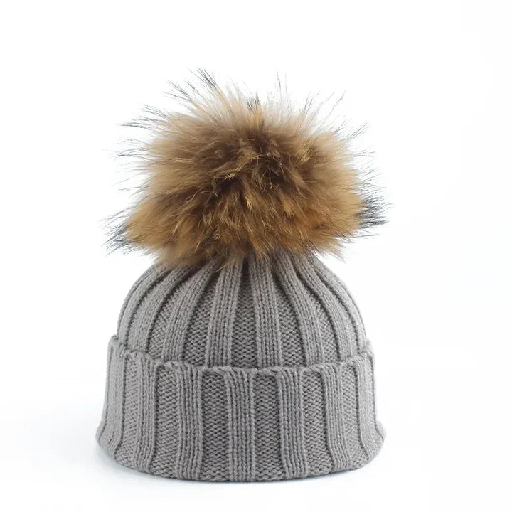 Damen Strickmütze Bommel Weich Innenfutter Warm Beige