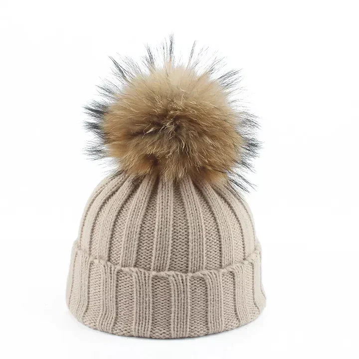 Damen Strickmütze Bommel Weich Innenfutter Warm Beige - Norvielle