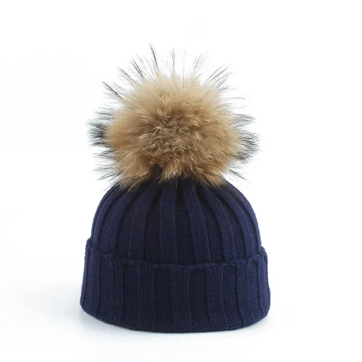Damen Strickmütze Bommel Weich Innenfutter Warm Beige