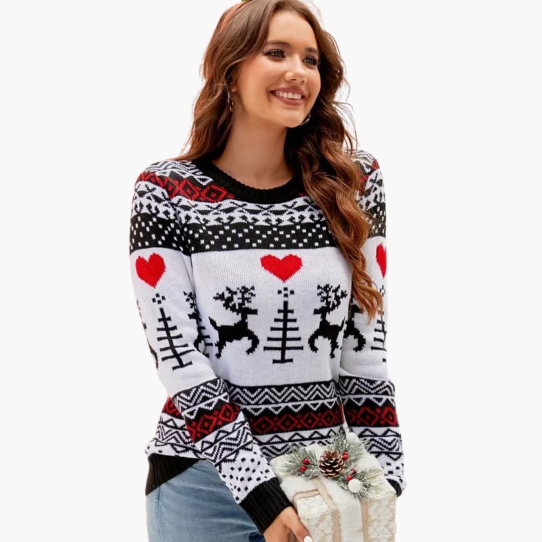 Damen Strickpullover Rentiermotiv Warm Weihnachten