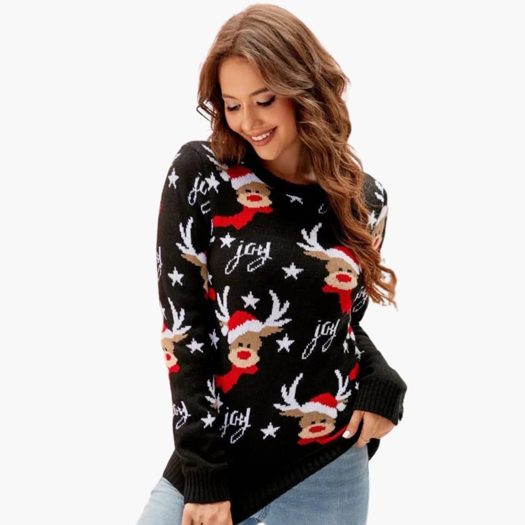 Damen Strickpullover Rentiermotiv Warm Weihnachten