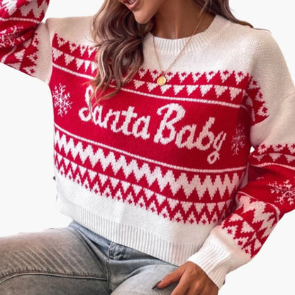 Damen Weihnachtspullover Rundhals Bequem Weihnachtsmuster Rot - Norvielle