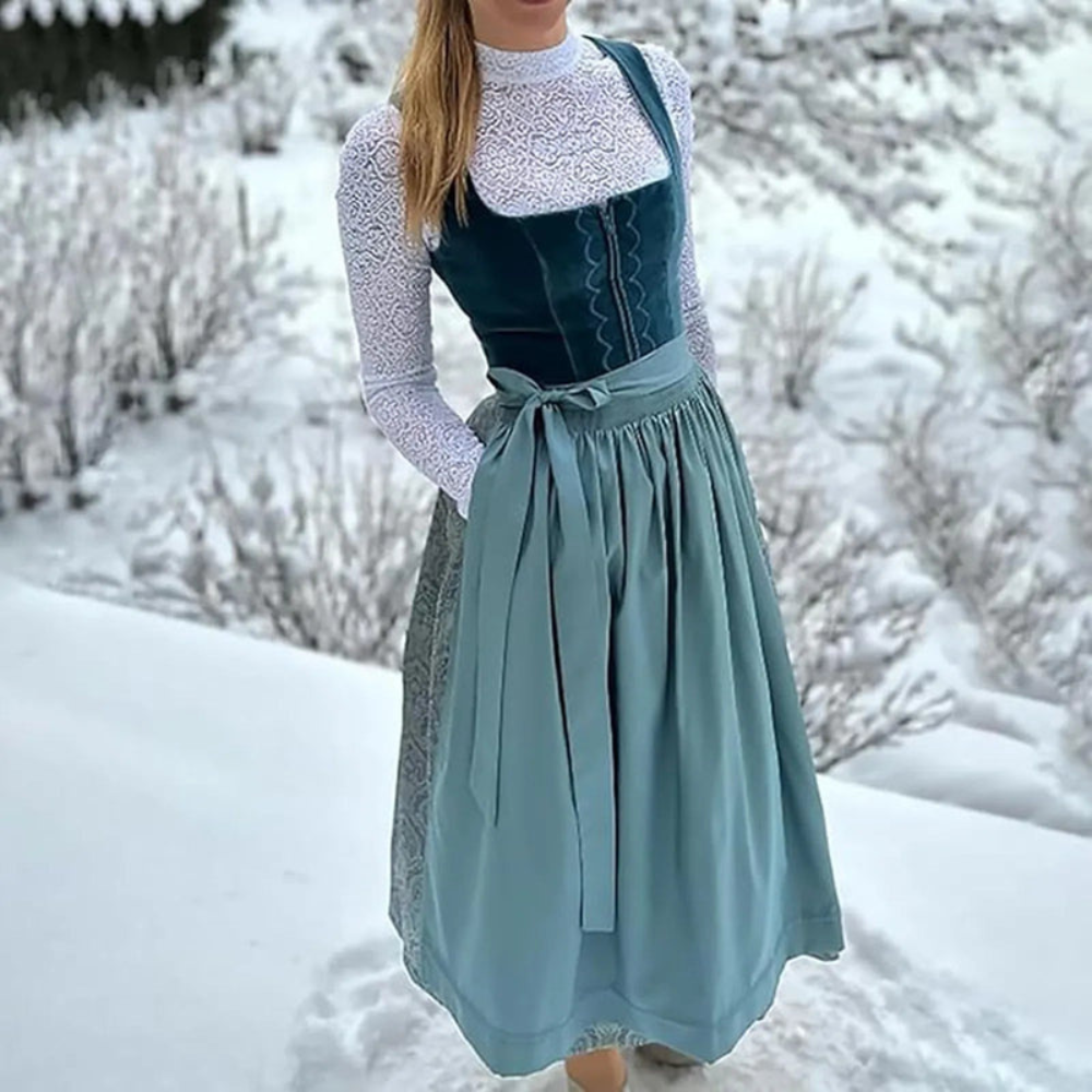 Damen Dirndl Kleid Midi mit Stickereien und Quadratischem Ausschnitt - Norvielle