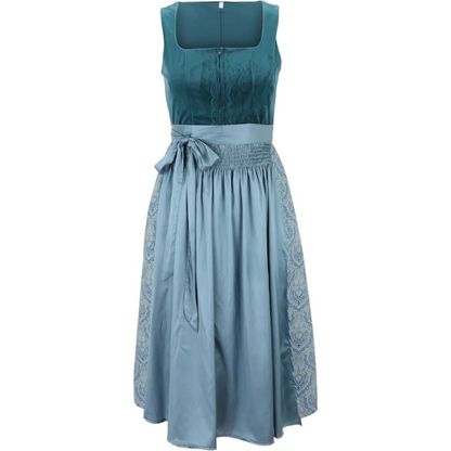 Damen Dirndl Kleid Midi mit Stickereien und Quadratischem Ausschnitt