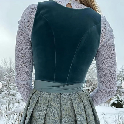 Damen Dirndl Kleid Midi mit Stickereien und Quadratischem Ausschnitt