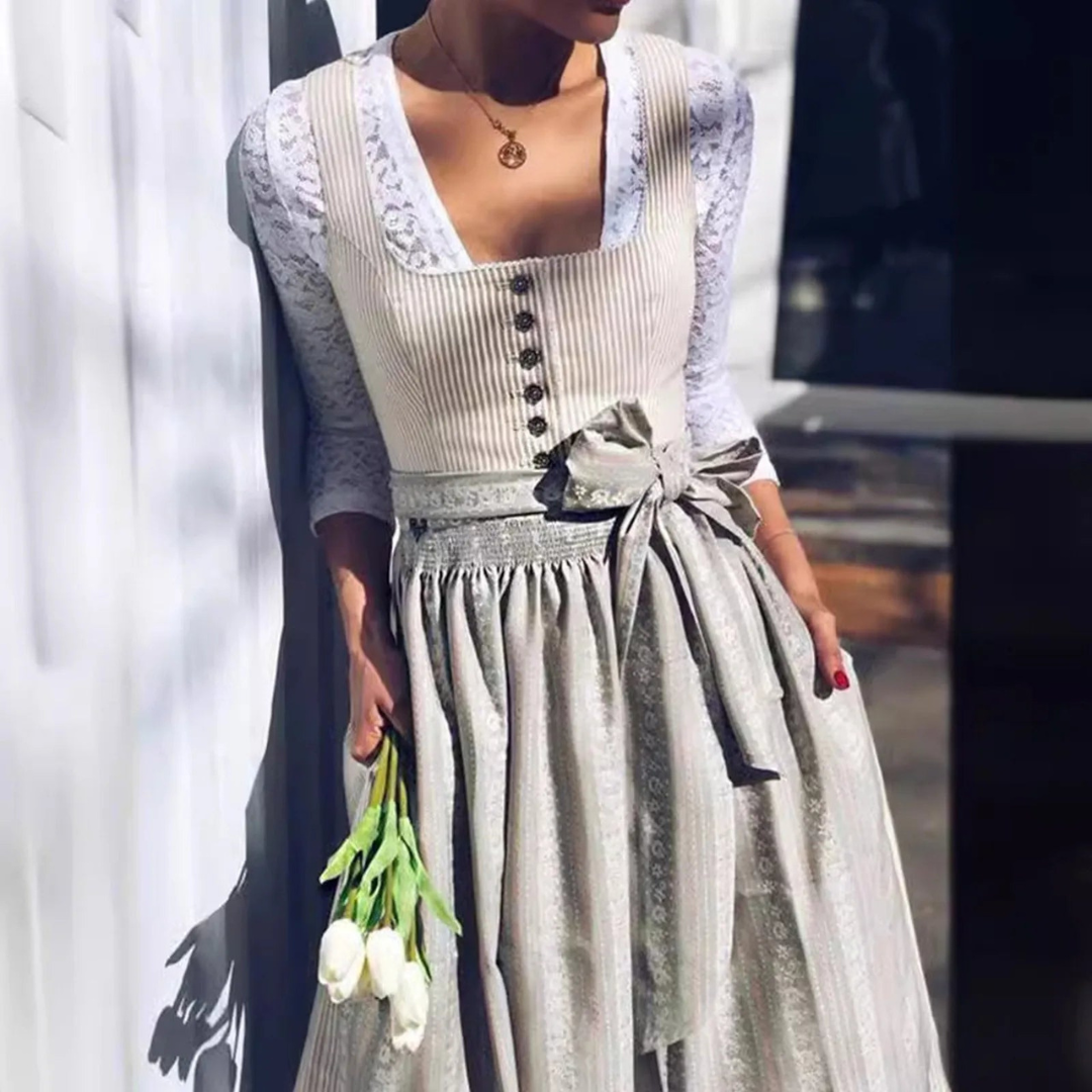 Damen Dirndl Kleid Midi Quadratischer Ausschnitt Blau - Norvielle