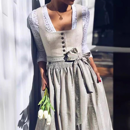 Damen Dirndl Kleid Midi Quadratischer Ausschnitt Blau - Norvielle