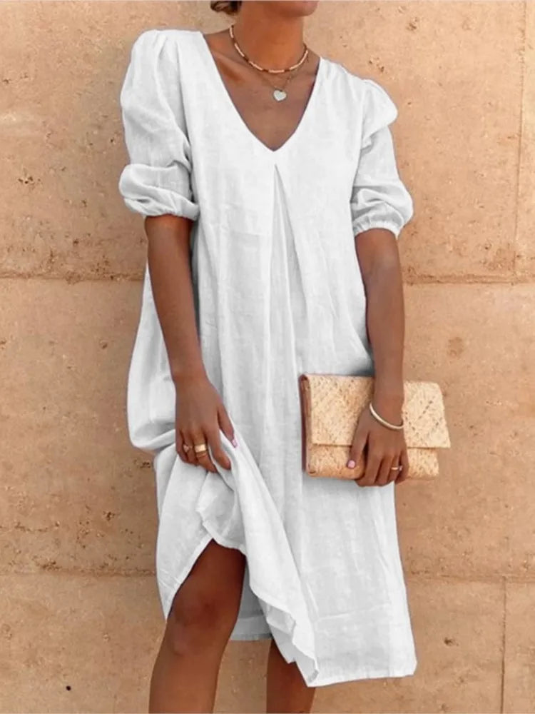 Damen Midi Sommerkleid V-Ausschnitt Puffärmel