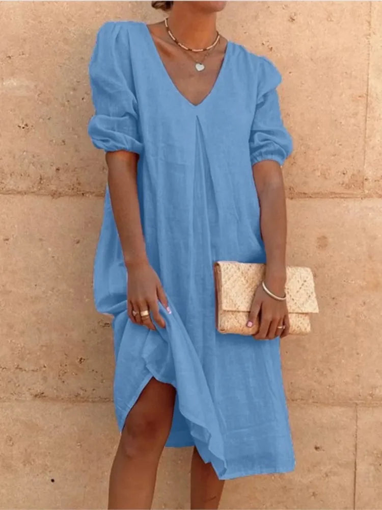 Damen Midi Sommerkleid V-Ausschnitt Puffärmel