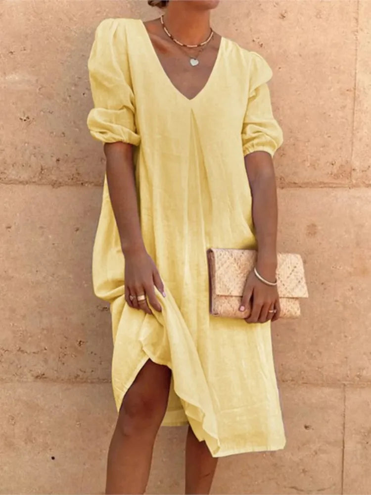 Damen Midi Sommerkleid V-Ausschnitt Puffärmel