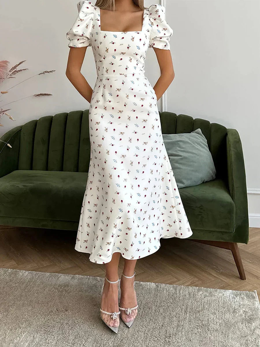 Damen Sommerkleid Rechteck-Ausschnitt Midi-Kleid