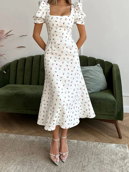 Damen Sommerkleid Rechteck-Ausschnitt Midi-Kleid